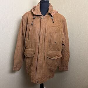 Global Leather Fashions Brown Leather Hooded Parka Coat Jacket Mens L